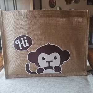 Monkey Print Jute Tote Bag.  New.